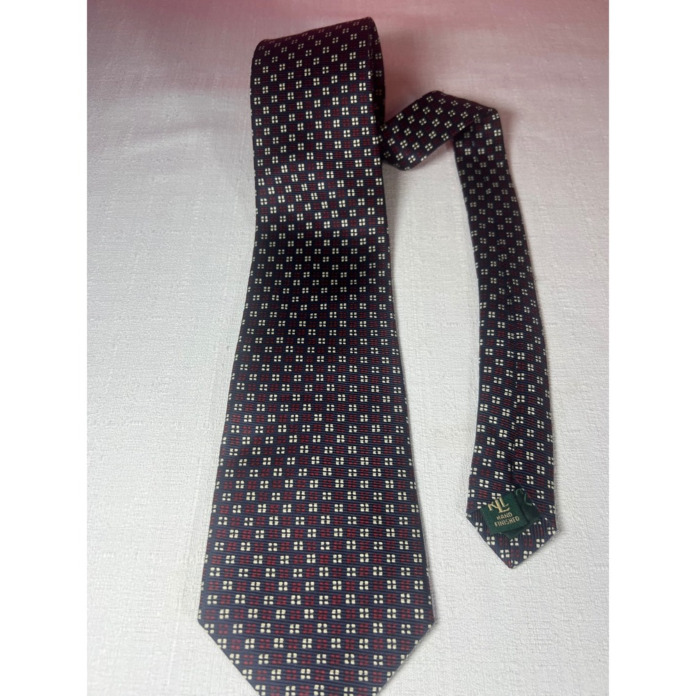 Vintage 1990s Lauren Ralph Lauren Mens Silk Tie Navy Blue Red Cream Geometric